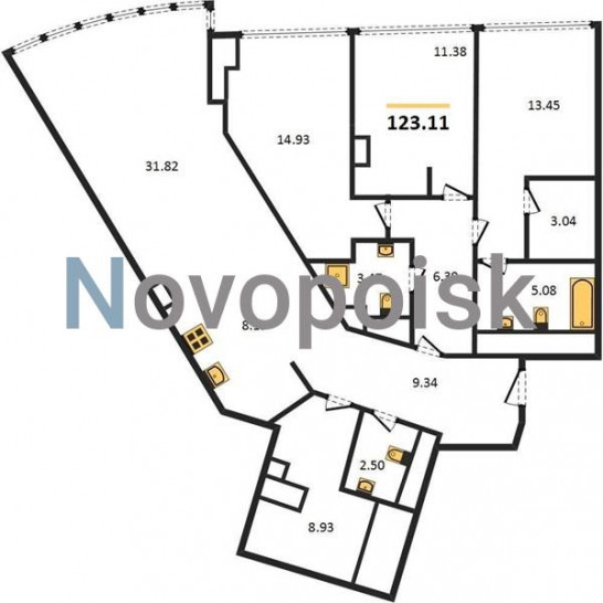 Трёхкомнатная квартира 123.11 м²
