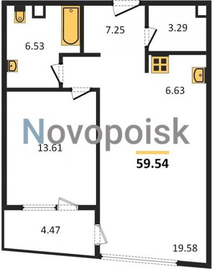 Однокомнатная квартира 59.54 м²