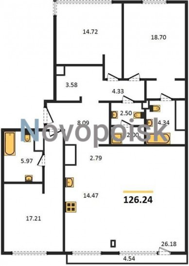 Трёхкомнатная квартира 126.24 м²