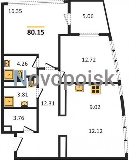 Двухкомнатная квартира 80.15 м²