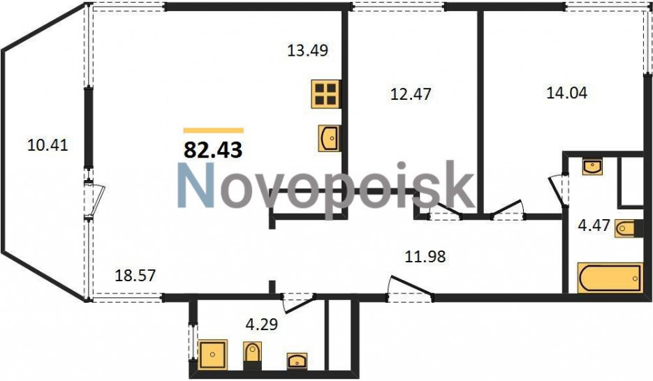 Двухкомнатная квартира 82.43 м²
