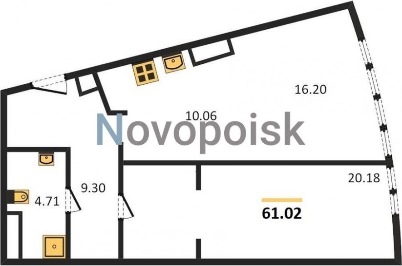 Однокомнатная квартира 61.02 м²