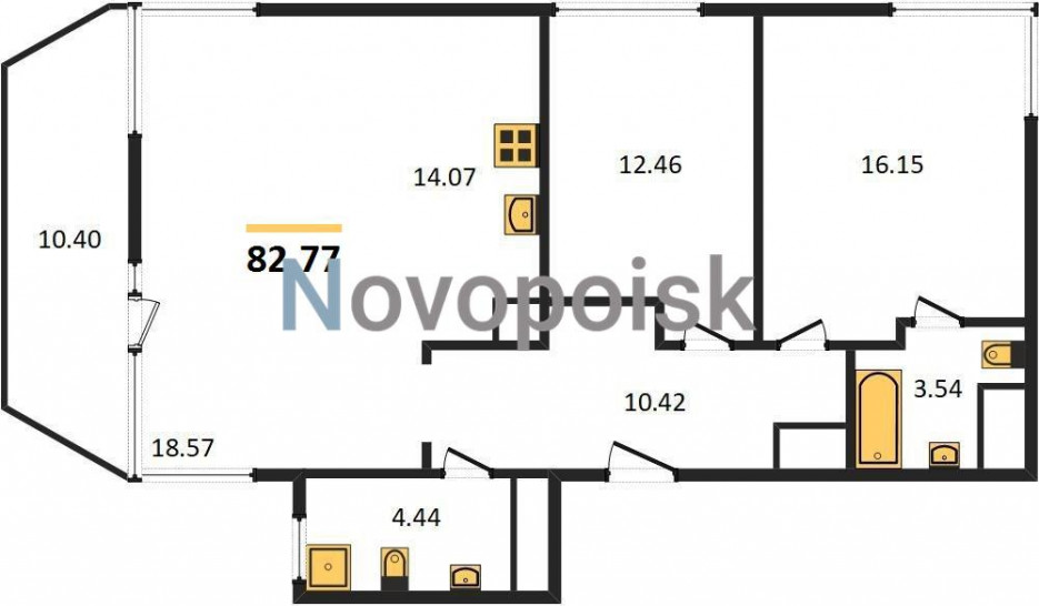 Двухкомнатная квартира 82.77 м²