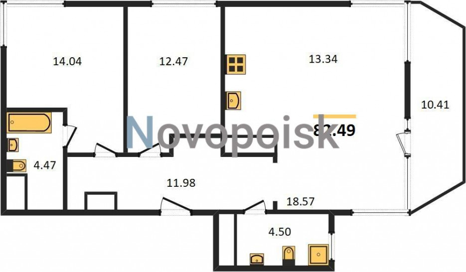 Двухкомнатная квартира 82.49 м²