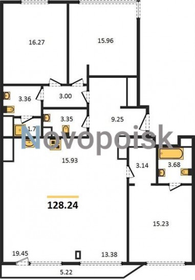 Трёхкомнатная квартира 128.24 м²