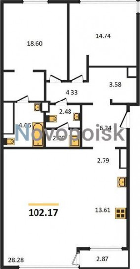 Двухкомнатная квартира 102.17 м²