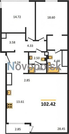 Двухкомнатная квартира 102.42 м²