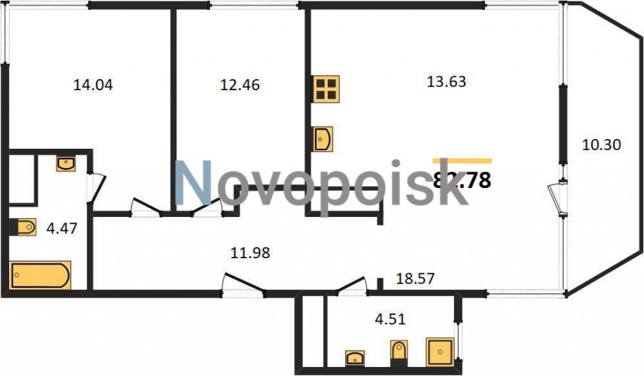 Двухкомнатная квартира 82.78 м²